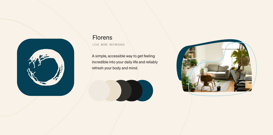 Florens brand v5 — refreshed identity with ocean blue, updated mark, and 'Live More Refreshed' tagline