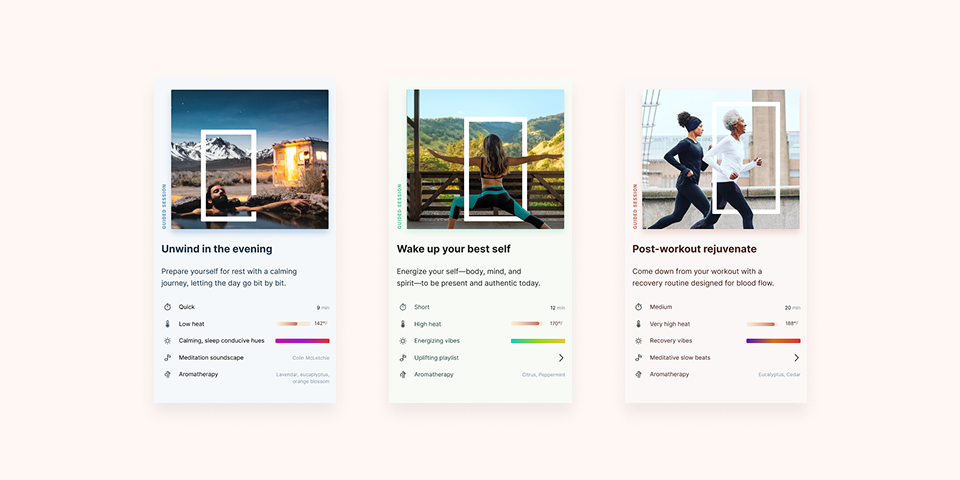 Florens app showing daily sauna routines — morning intention, workout substitute, post-workout warmdown, weekend restore, and evening unwind