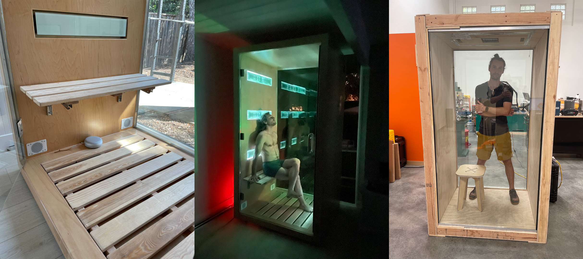 Florens v4 custom sauna build — interior bench detail, chromatherapy session, and full unit in the shop