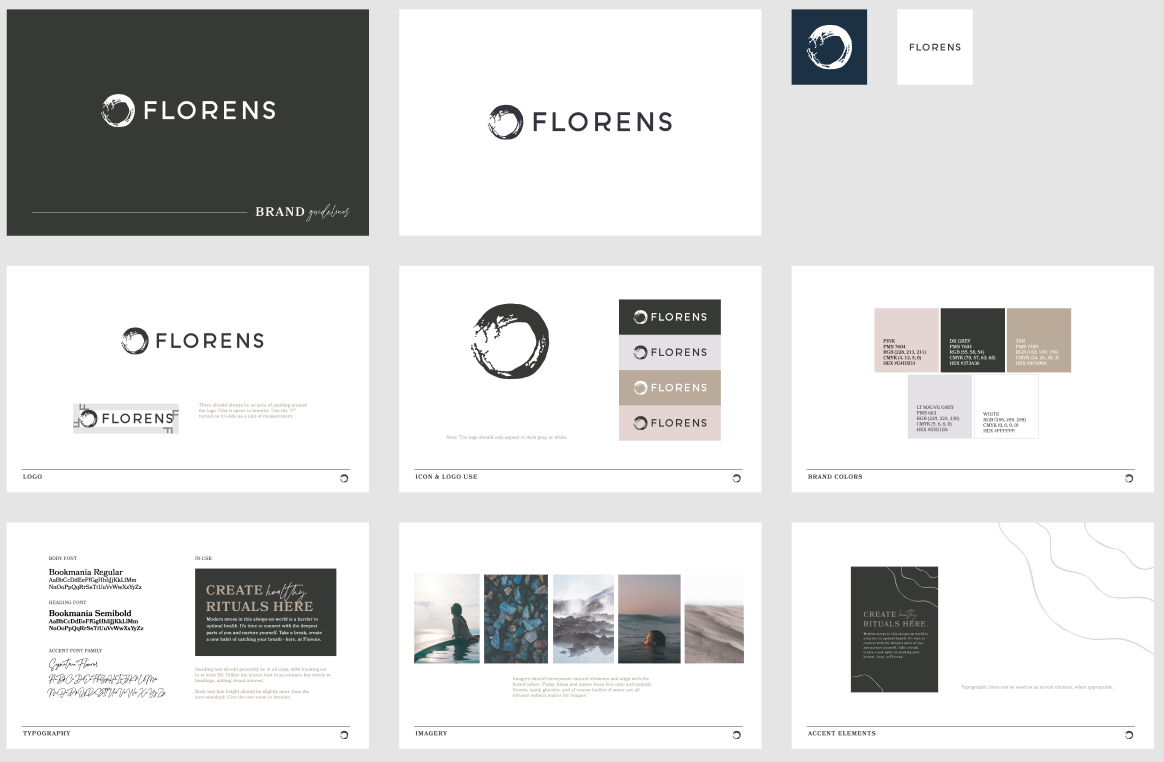Original Florens brand system by Falcon — logo, typography, color palette, and mood imagery