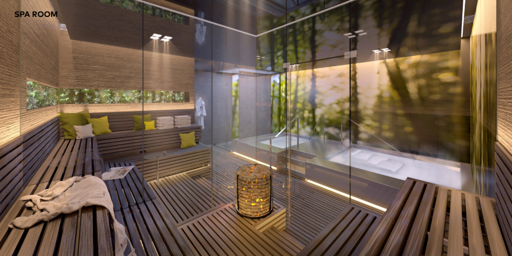 Skylab Architecture concept rendering — private mineral spa room with hot tub, natural materials, and green wall